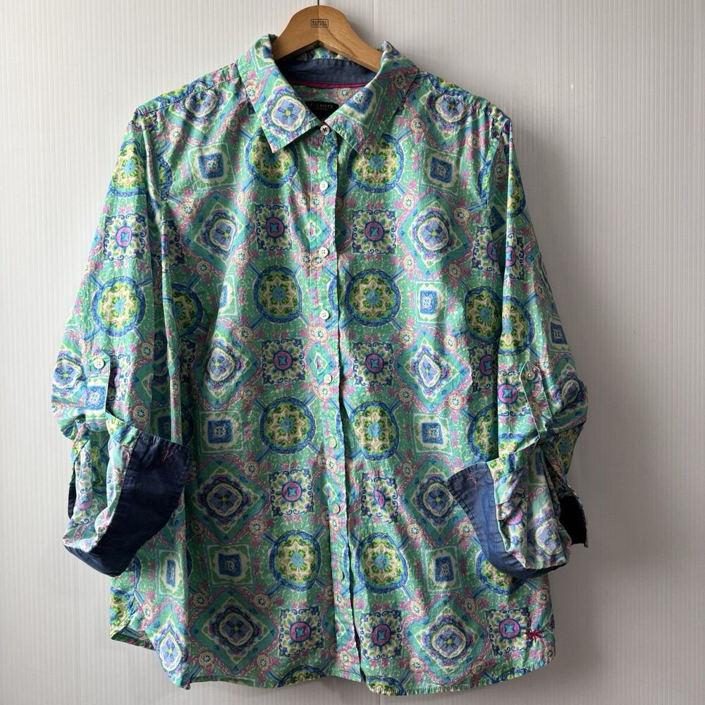 Talbots Womens Paisley Geo Print Button Down Roll Tab Sleeve Shirt Sz 2XP